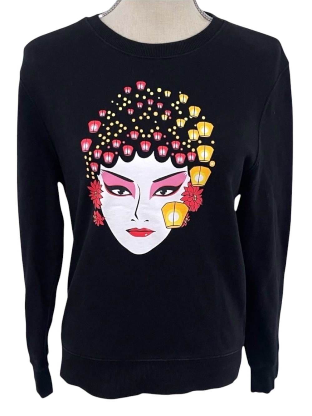LUSHANGHAI Black Cotton Geisha Lantern Graphic Crewneck Sweatshirt (S) - Picture 3 of 12